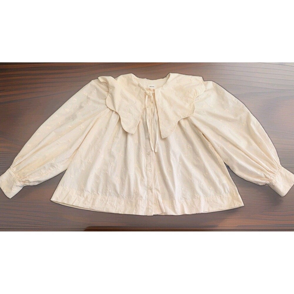 Aureum Embroidered Puff Sleeve Beige Blouse M Cottagecore Boho Big Neck Casual